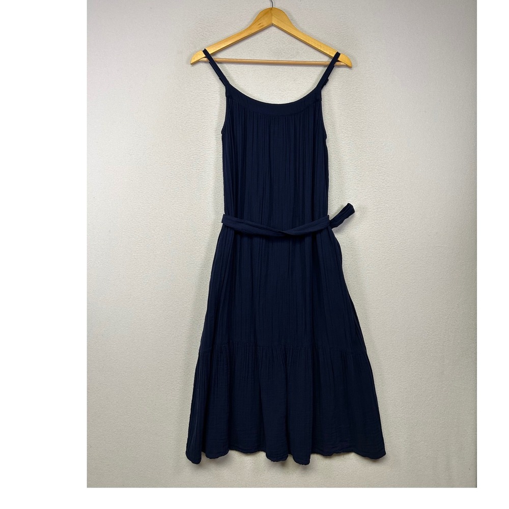 Boho Coastal Gap Womens S Navy Blue Cotton Gauze‎ Tiered Belted Midi Dress